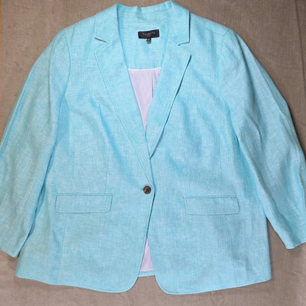 Talbots Womens 18W Green Blue 100% Linen Herringbone One Button Blazer Jacket